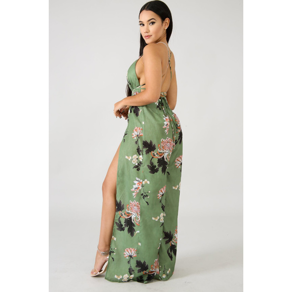 Womens Green Floral Print Double Slit Leg Jumpsuit - Picture 2 of 4